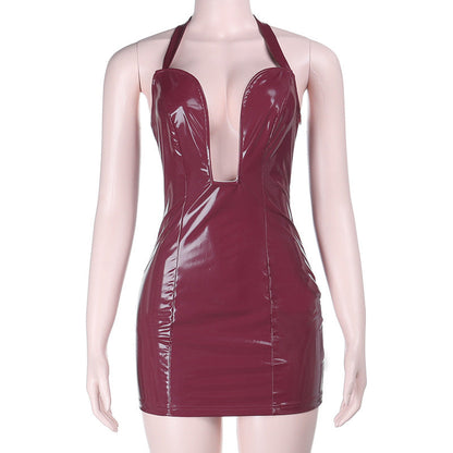 Sexy Faux Leather Halter Hip Spaghetti Straps Dress Spring Slim Fit Dress by Ragazza