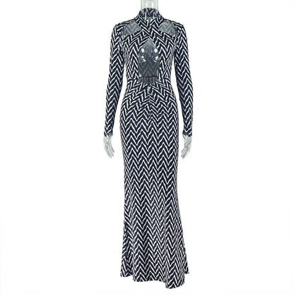 Women Hollow Out Cutout Design Striped Hip Dress Hanging Collar Long Sleeve Printed Dress by Ragazza
