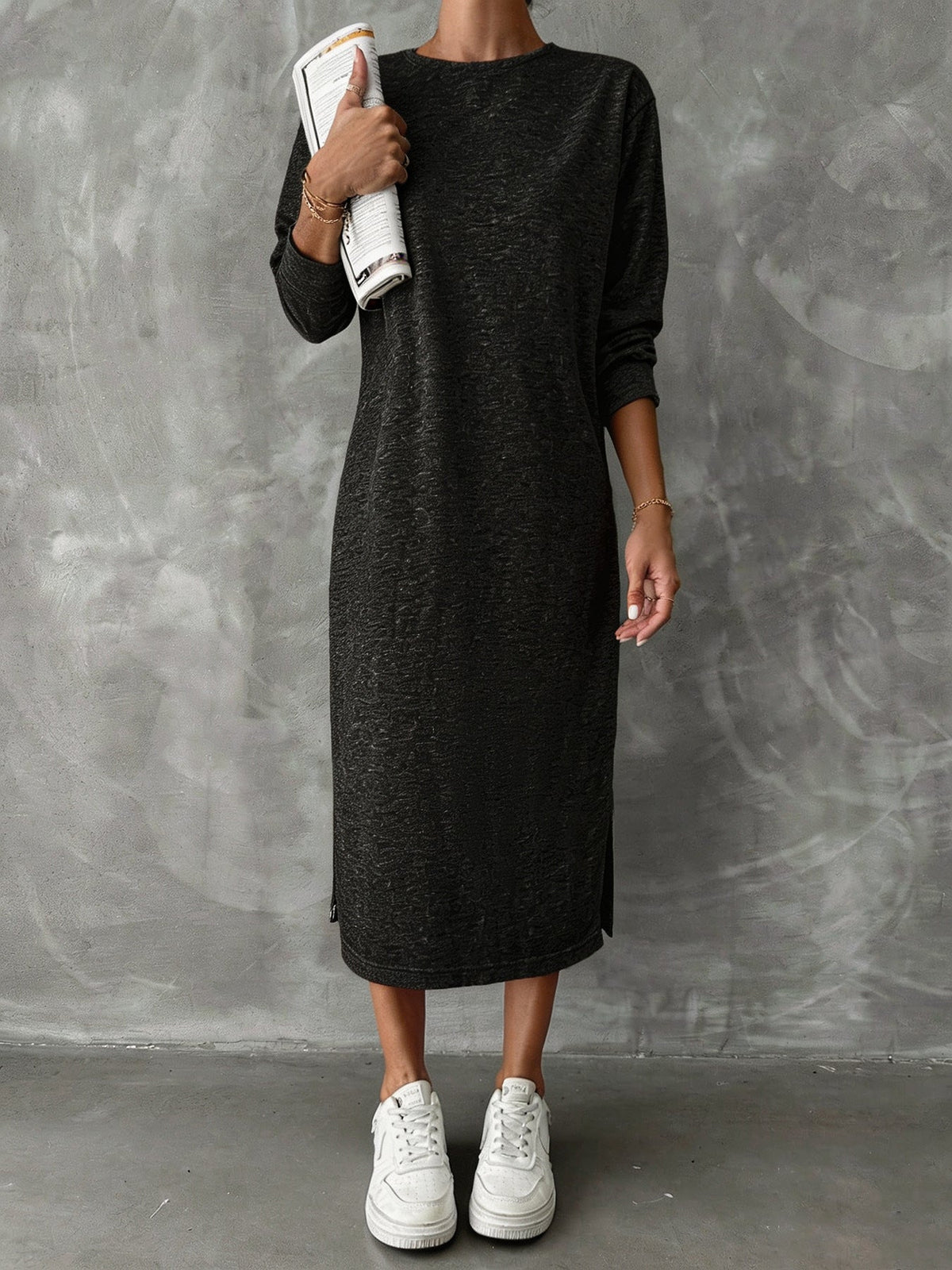Solid Color Long-Sleeved Dress Women Spring Autumn Idle Drop Shoulder Sweater Dress All Matching Base Straight Midi Dress  DestGlow