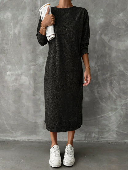Solid Color Long-Sleeved Dress Women Spring Autumn Idle Drop Shoulder Sweater Dress All Matching Base Straight Midi Dress  DestGlow