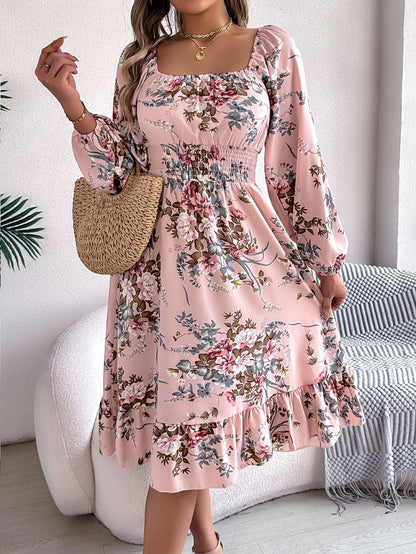 Spring Summer Elegant Floral Square Collar Long Sleeve Waist Trimming Ruffles A line Women Clothing by Ragazza