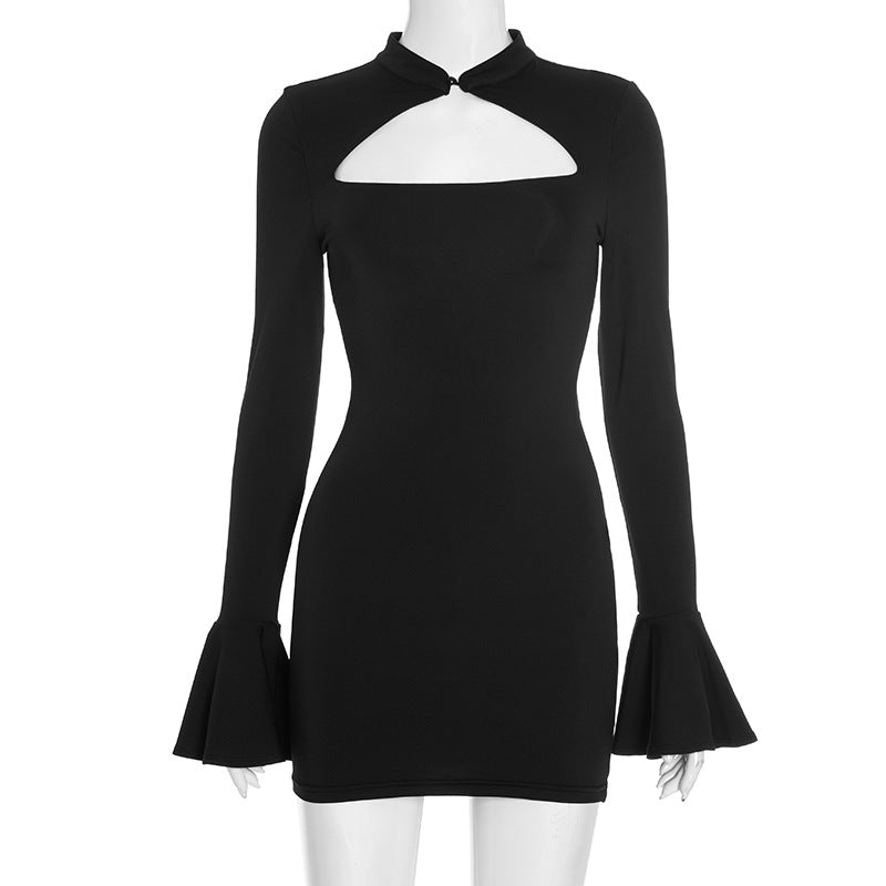 Women Skinny Hollow Out Cutout out Flared Long Sleeve Mini Low Cut Sexy Sheath Dress Women by Ragazza
