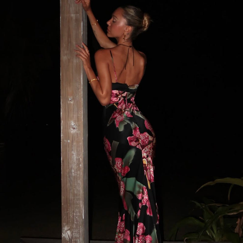 French Women Clothing V neck Strap Slim Fit Figure Flattering Maxi Dress Vintage Printed Court Advanced Dress by Ragazza