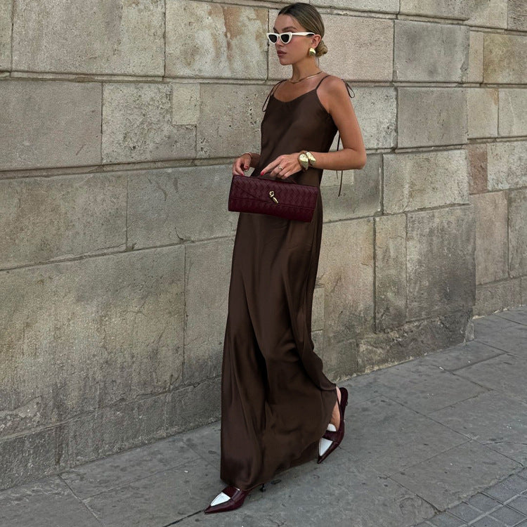 Sexy Long Suspender Dress Women Satin Drape Lace up off Shoulder Sleeveless High Waist Dress by Ragazza