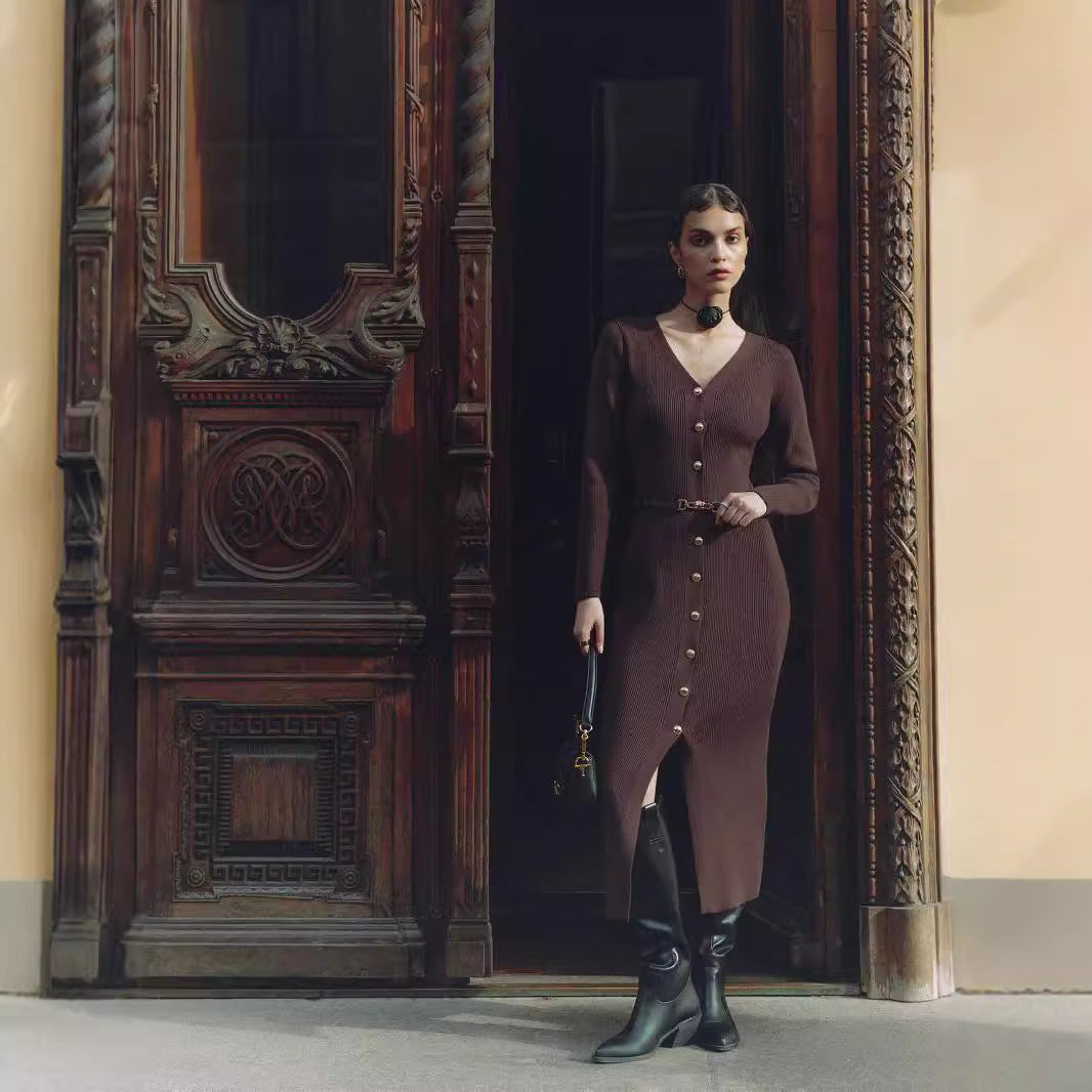 Autumn Winter Long Sleeve Knitted Dress Button Split Russia Hip Wrapped Sweater Cardigan Dress No Belt by Ragazza