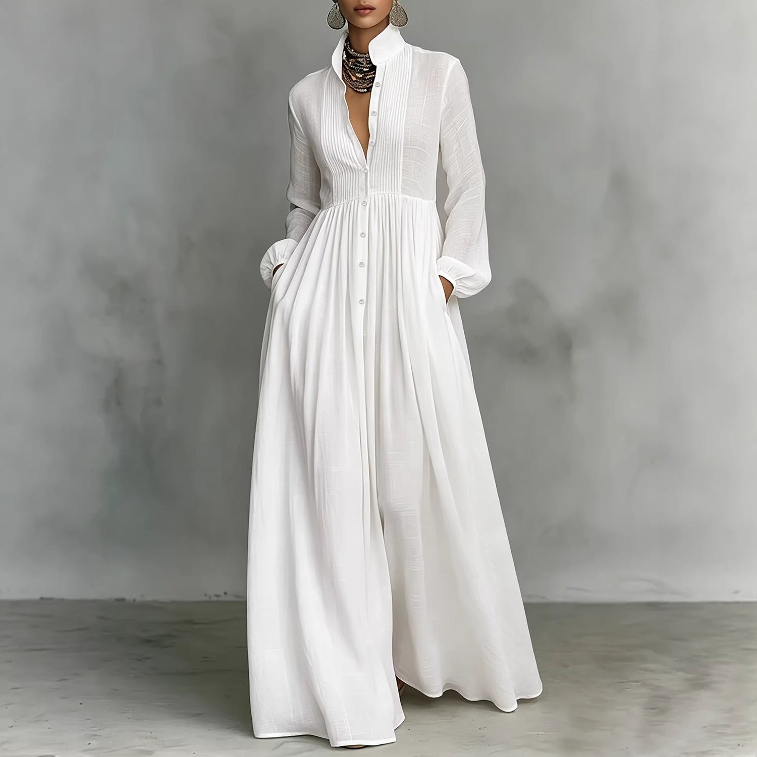French Waist Controlled Long Sleeves Pleated Shirt Dress Pure Cotton High Quality Casual Vacation Maxi Dress  DestGlow