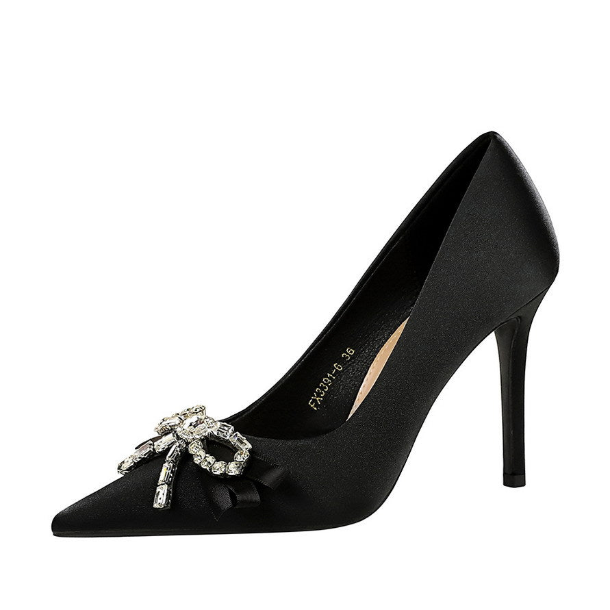 French Elegant Rhinestone Bow Super High Heel Women Shoes Pointed Toe Shallow Mouth Stiletto Heel Pumps