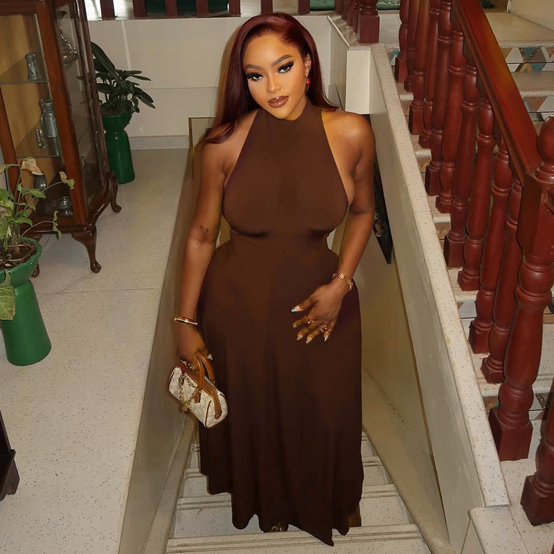 Elegant Women Tight Waist Sexy Slim A line Dress round Neck Sleeveless Solid Color Maxi Dress by Ragazza