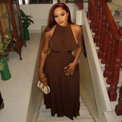 Elegant Women Tight Waist Sexy Slim A line Dress round Neck Sleeveless Solid Color Maxi Dress by Ragazza