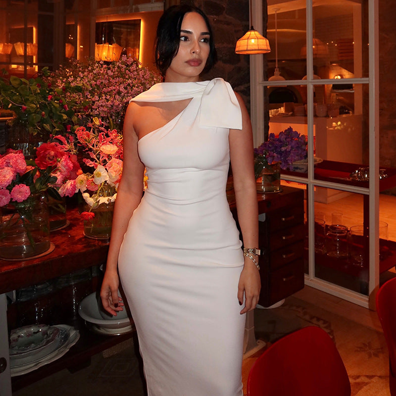 Solid Color Women Waist Slimming Hip Dress Diagonal Collar Sleeveless Asymmetric Maxi Dress  DestGlow