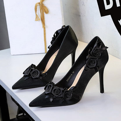 French Wind Black Sexy Rose Ribbon Design Satin Stiletto Heel Pointed High Heel Women Shoes  DestGlow