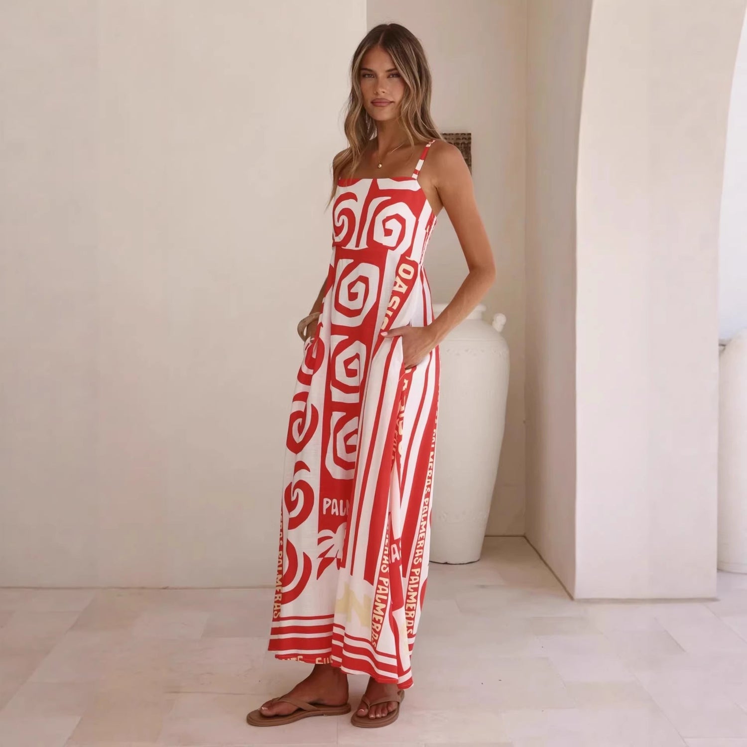 Summer Geometric Abstract Print Vacation Large Swing Cami Dress Women Dress by Ragazza