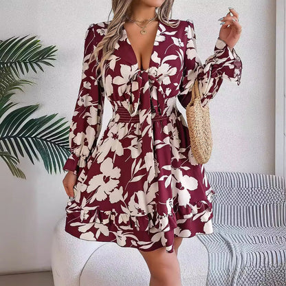 Autumn Winter Casual Floral Lace up Long Sleeve Wooden Ear A line Women Clothing by Ragazza