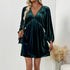 Autumn Winter Elegant Christmas Retro Lantern Sleeve Pleating Deep V Plunge V Neck Velvet Dress Women by Ragazza