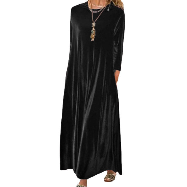 Spring Gold Velvet Slimming Crew Neck Maxi Dress by Ragazza