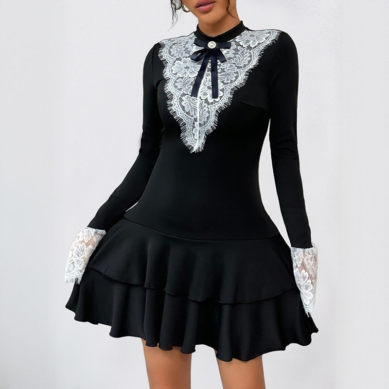 Autumn Lace Bow Patchwork Socialite French Party Elegant Dress by Ragazza