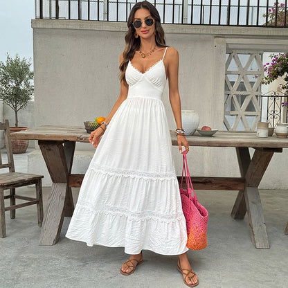 Simple Vacation White Lace Sling Cake Large Swing Dress by Ragazza