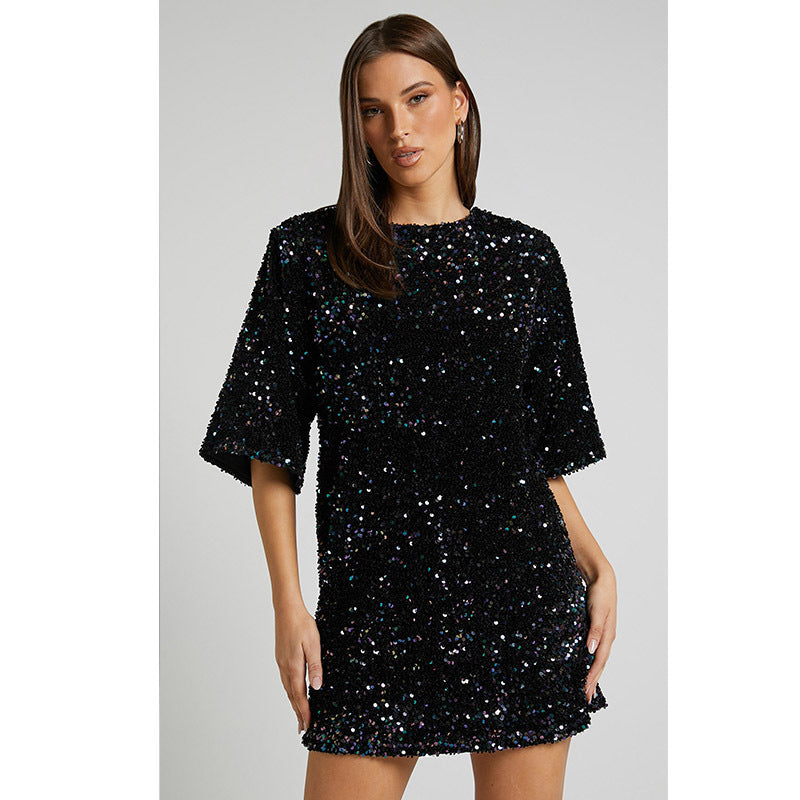 Autumn Winter Velvet Sequin Elegant V neck Backless Short Sleeve Dress by Ragazza