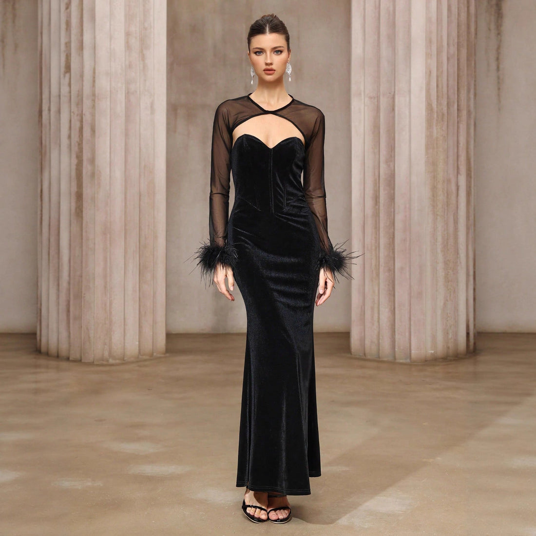 Dress Two Piece Semi Transparent Mesh Top Velvet Tube Top Dress Dinner Light Luxury Cheongsam by Ragazza