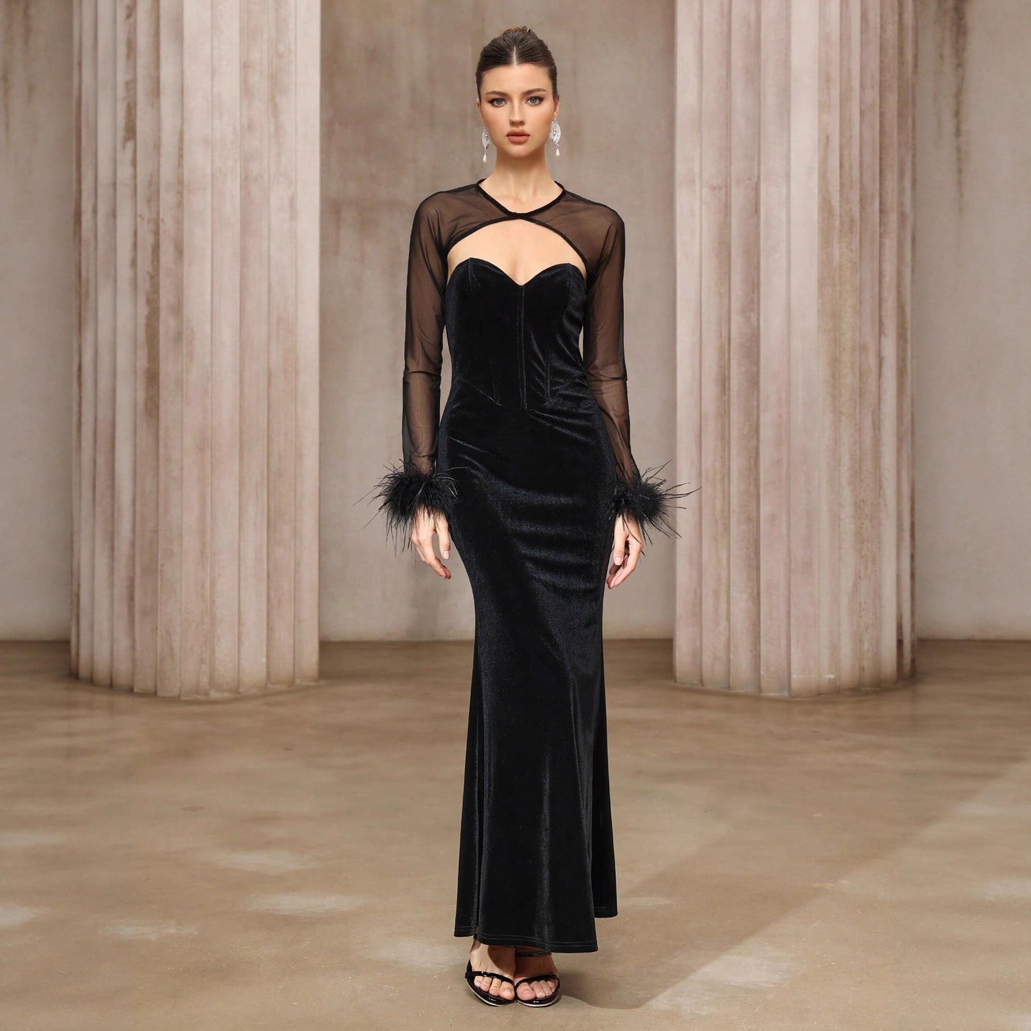 Dress Two Piece Semi Transparent Mesh Top Velvet Tube Top Dress Dinner Light Luxury Cheongsam by Ragazza