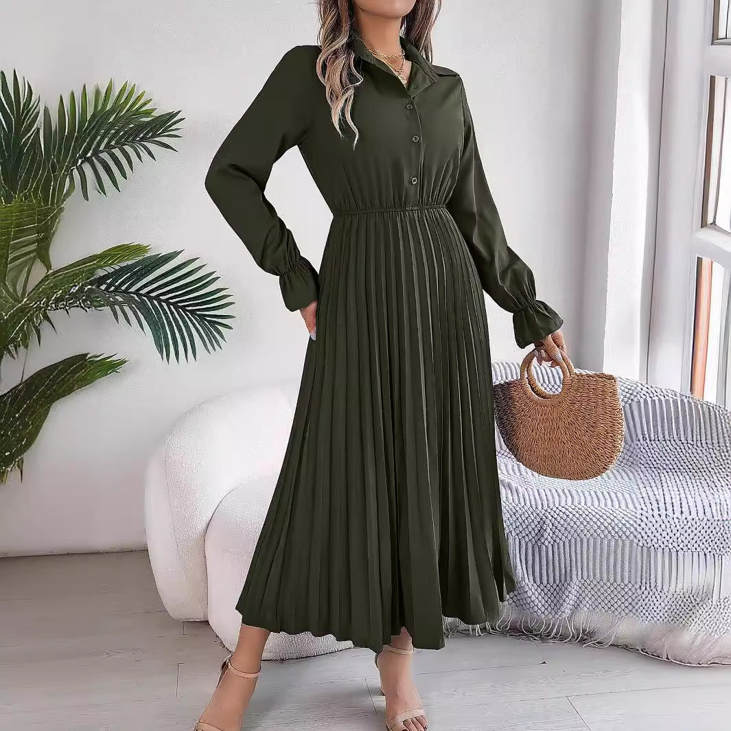 Autumn Winter Casual Collared Button Long Sleeve Cinched Pleated Maxi Dress Women Clothing by Ragazza