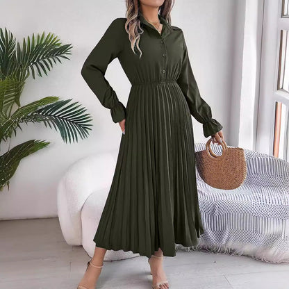 Autumn Winter Casual Collared Button Long Sleeve Cinched Pleated Maxi Dress Women Clothing by Ragazza