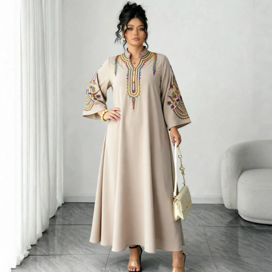 Ethnic Embroidered Pullover Dress Loose Robe Rope Embroidery Craft Women Clothing  DestGlow