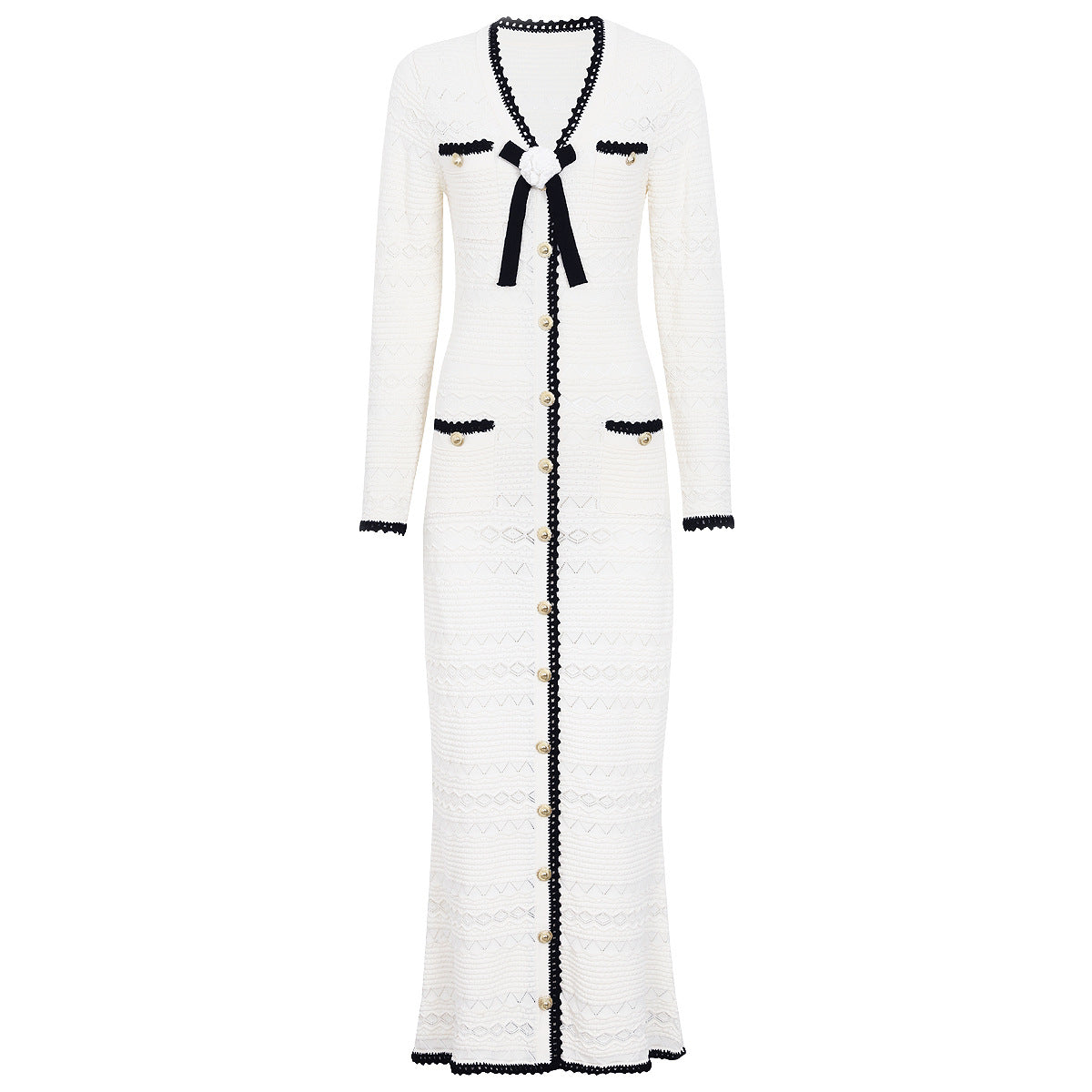 Spring Autumn Fashionable Knitted V neck Floral Slim Fit Slimming Long Sleeves Dress Women  DestGlow