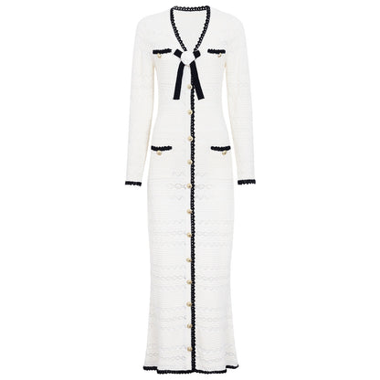 Spring Autumn Fashionable Knitted V neck Floral Slim Fit Slimming Long Sleeves Dress Women  DestGlow