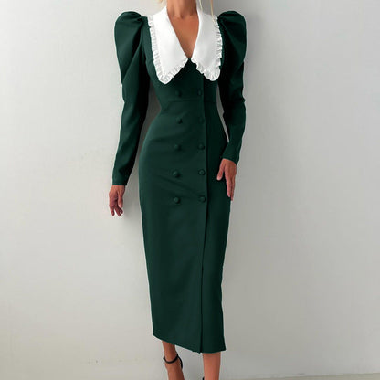 Spring Color Contrast Cardigan Sheath Dress Women Doll Collar Long Sleeve High Waist French Dress by Ragazza