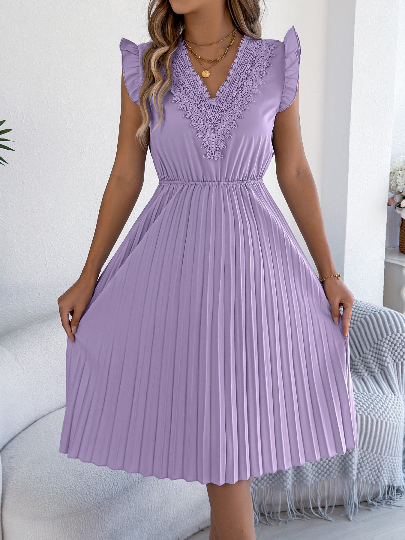 Women Clothing Spring Summer Casual Lace V neck Wooden Ear Cinched Pleated Dress by Ragazza