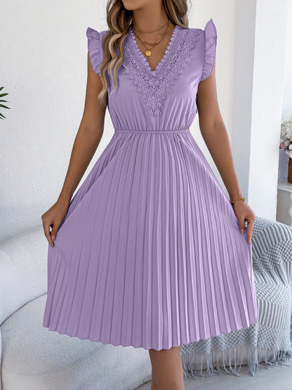 Women Clothing Spring Summer Casual Lace V neck Wooden Ear Cinched Pleated Dress by Ragazza