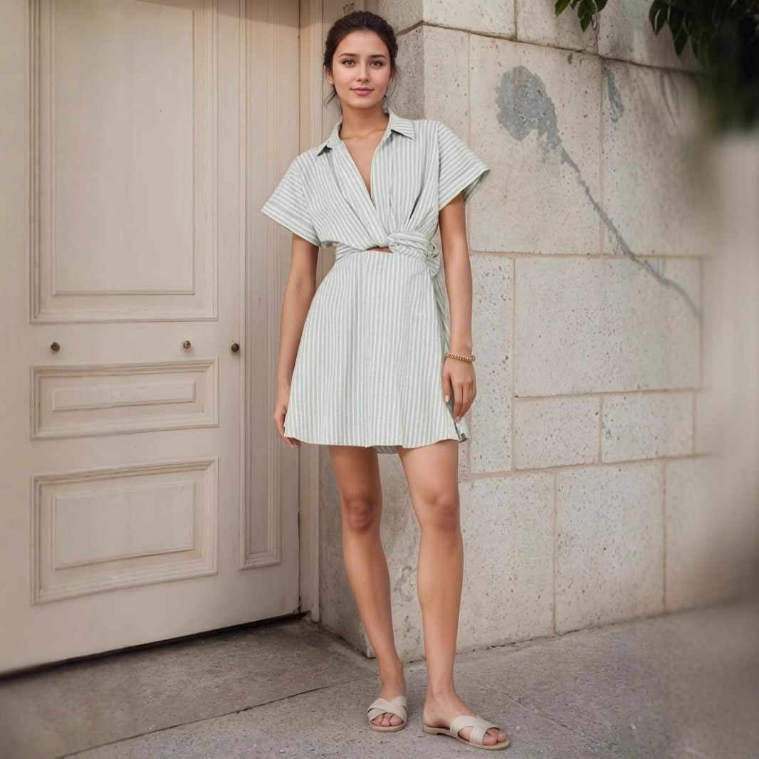 Holiday Striped Lace up Dress Polo Collar Casual Short Sleeve Cross Hollow Out Cutout Short Dress by Ragazza