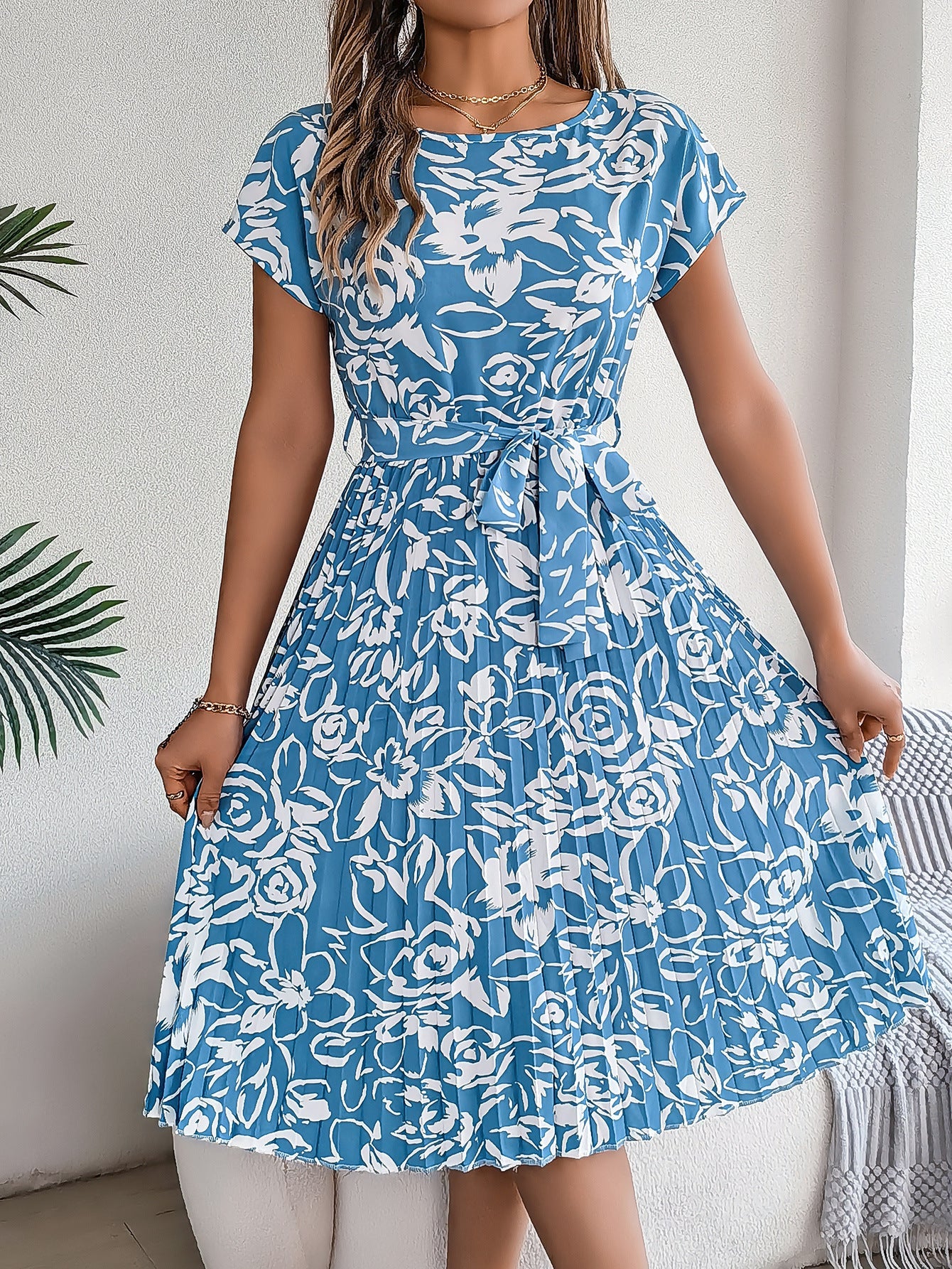 Spring Summer Elegant Floral Short Sleeve Large Hem Pleated Dress Women Clothing by Ragazza