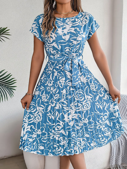 Spring Summer Elegant Floral Short Sleeve Large Hem Pleated Dress Women Clothing by Ragazza