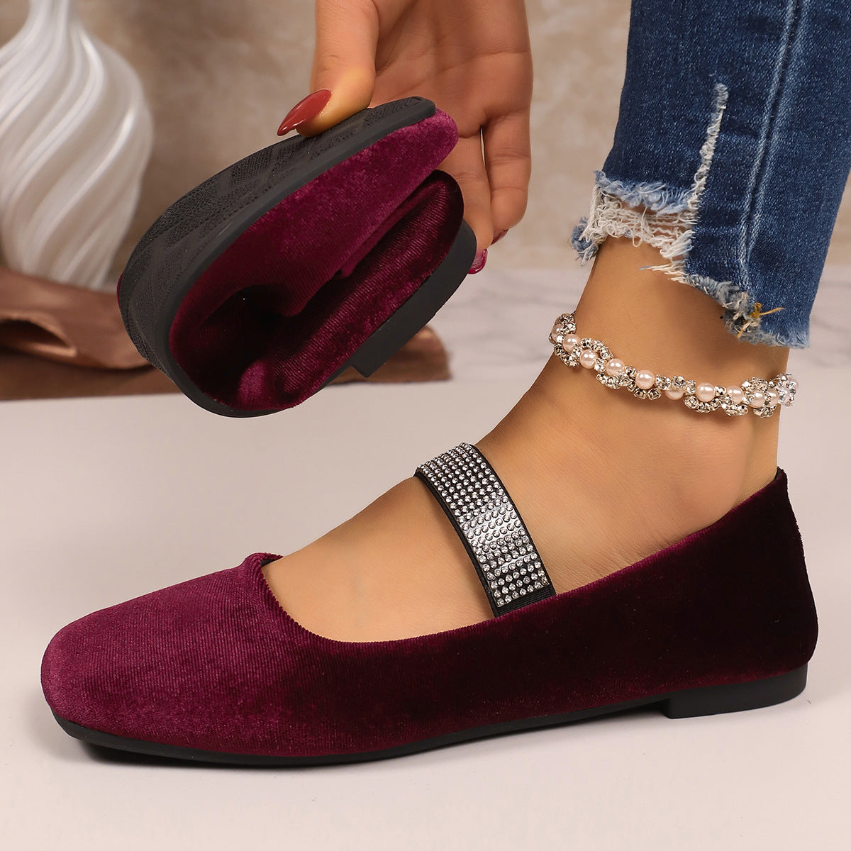 Arrival Suede Rhinestones Flat Pumps Women Comfortable Square Toe Low Cut Lightweight Four Seasons Work Shoes  DestGlow