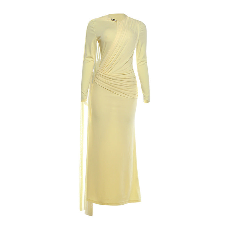 Fall Women Clothing Streamer Long Sleeve round Neck Solid Color Pleated Sexy Sheath Dress  DestGlow