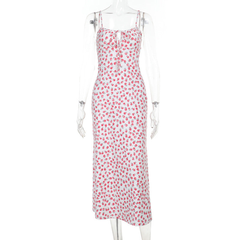 Polka Dot Printed Floral Strap Dress Women Summer French Sexy Backless Dress by Ragazza