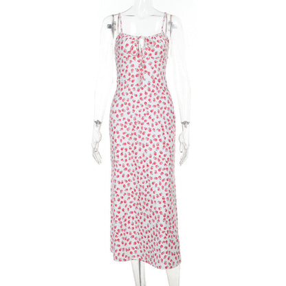 Polka Dot Printed Floral Strap Dress Women Summer French Sexy Backless Dress by Ragazza