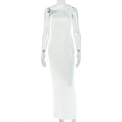 Solid Color Women Waist Slimming Hip Dress Diagonal Collar Sleeveless Asymmetric Maxi Dress  DestGlow