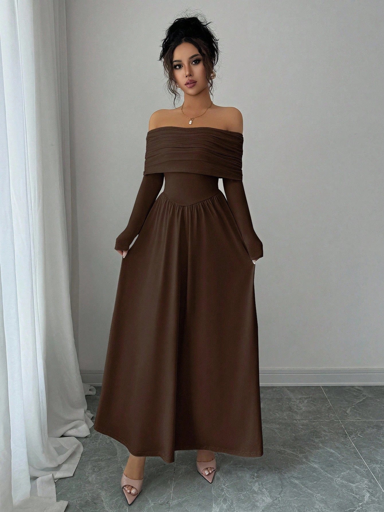 Off Shoulder Dress Women French Tea Break High Sense Cinched Slimming Maxi Dress by Ragazza