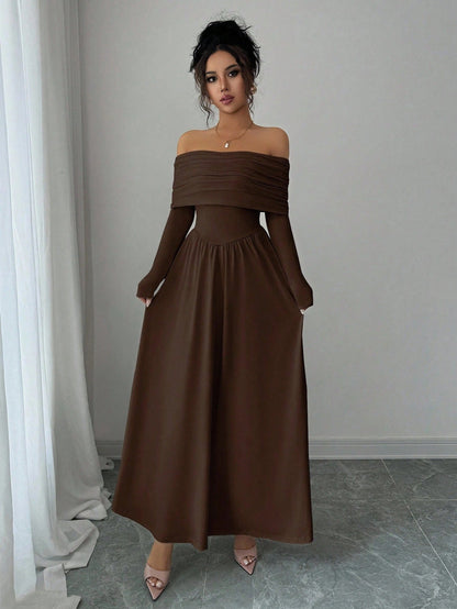 Off Shoulder Dress Women French Tea Break High Sense Cinched Slimming Maxi Dress by Ragazza