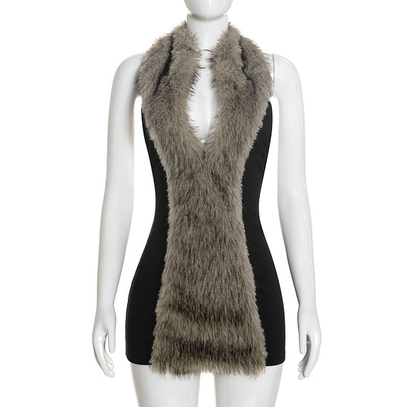 Women Clothing Autumn Winter Solid Color Sexy Sleeveless Bare Back Halter Furry Short Dress  DestGlow