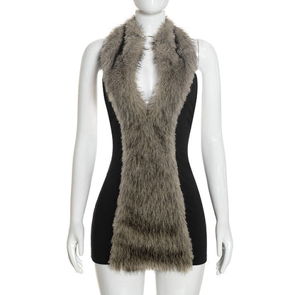 Women Clothing Autumn Winter Solid Color Sexy Sleeveless Bare Back Halter Furry Short Dress  DestGlow