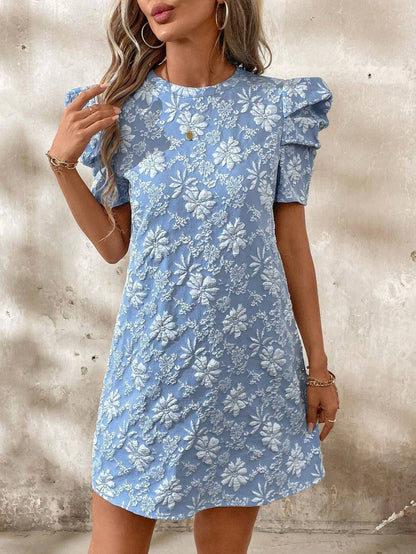 Summer Women Bubble Sleeve Texture Jacquard round Neck Retro Dress by Ragazza