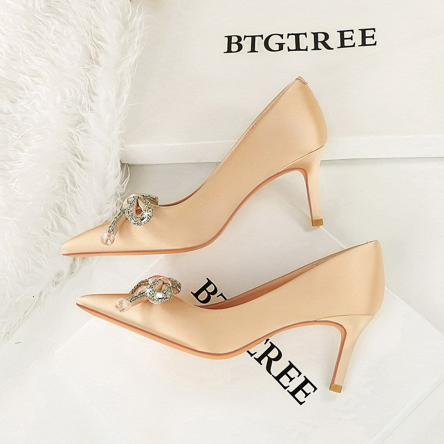 Cocktail Champagne Satin High Heels Rhinestone Bow Pointed Slip on Pumps  DestGlow