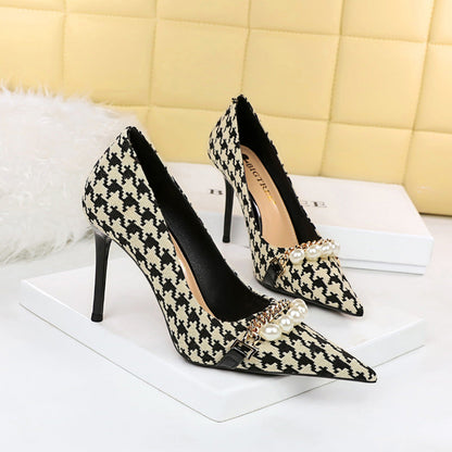 Houndstooth High Heels Stiletto Heel Shallow Mouth Pointed Pearl Chain Plaid Women Shoes  DestGlow