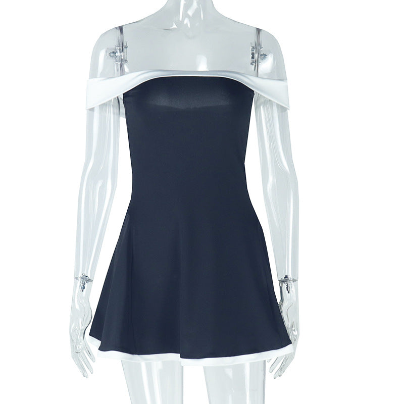 Women Clothing Black White Color Matching Fresh Backless High Waisted off Neck Raglan Sleeve Short Dress by Ragazza