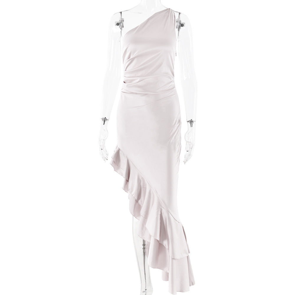 Autumn Sexy Oblique Shoulder Sleeveless Hip Backless High Slit Sexy Slim Fit Dress  DestGlow
