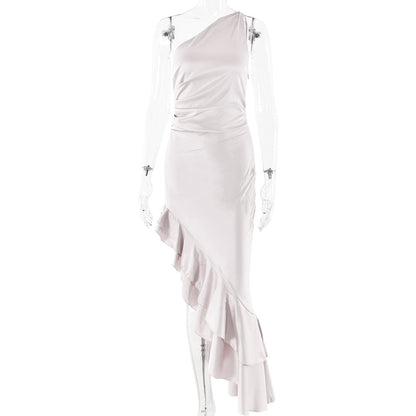 Autumn Sexy Oblique Shoulder Sleeveless Hip Backless High Slit Sexy Slim Fit Dress  DestGlow